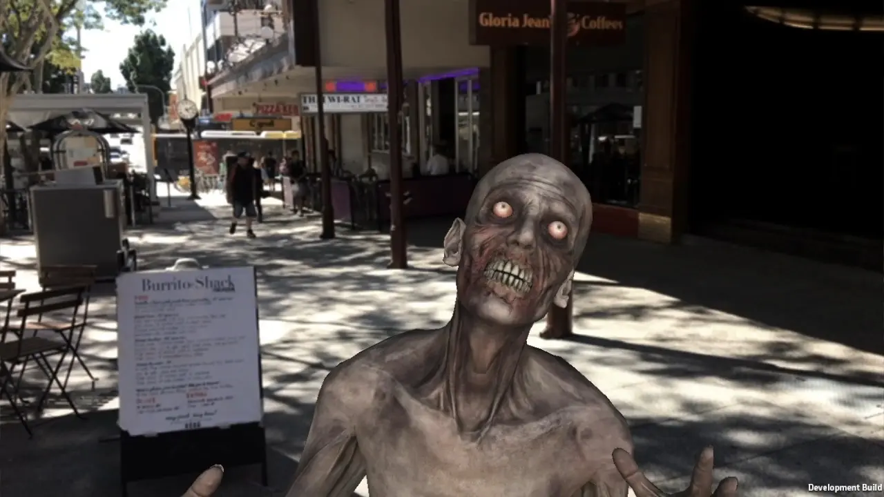 A street with an augmented reality zombie